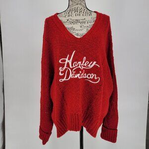 Women’s 2XL Harley-Davidson Oversized Red Embroidered Sweater – High-Low Hem